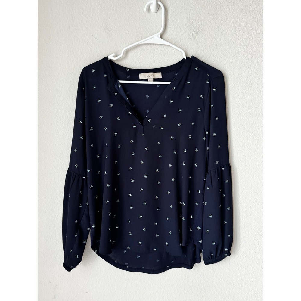 Ann Taylor LOFT Navy Blue Micro Print Split Neck Puff Sleeve Blouse Petites SP